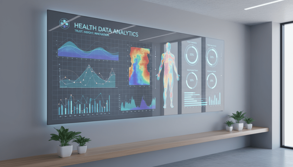 A sleek, high-tech dashboard interface displayed on a semi-transparent glass screen, featuring vivid data visualizations such as interactive graphs, colorful heat maps, and dynamic health metrics. The screen is set within a minimalist office environment with subtly textured light-grey walls and a touch of natural wood shelving. Gentle, cool-toned ambient lighting blends with diffused daylight from a nearby window, creating crisp reflections and subtle shadows. The overall mood is forward-thinking and sophisticated, communicating trust and expertise in data-driven health analytics. Captured from a slightly elevated, centered perspective that highlights detail and clarity. The style is clean, modern, and ultra-realistic, perfectly embodying innovation and professionalism for a health data analysis business site.